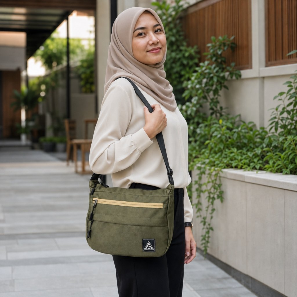 Wanita berhijab memakai AFLAH Sling Bag warna army