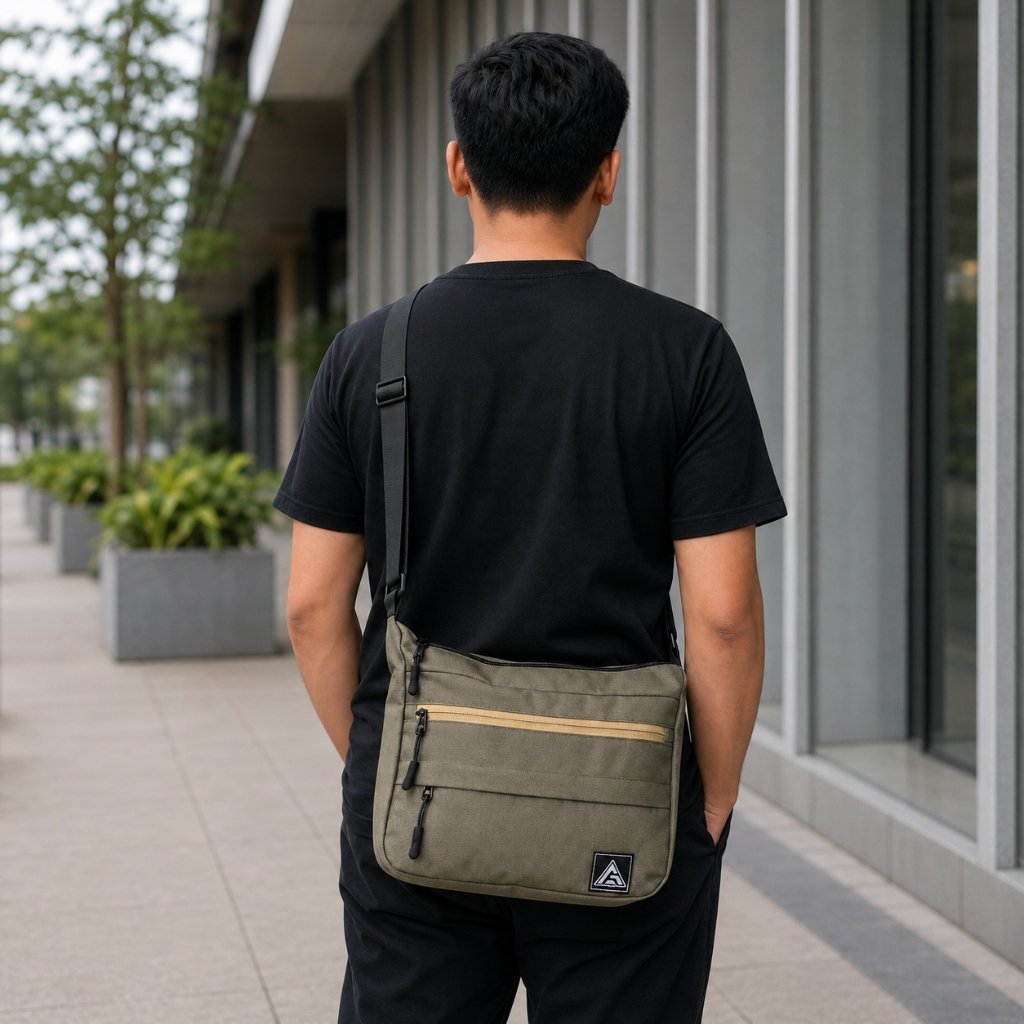 Pria memakai AFLAH Sling Bag warna army