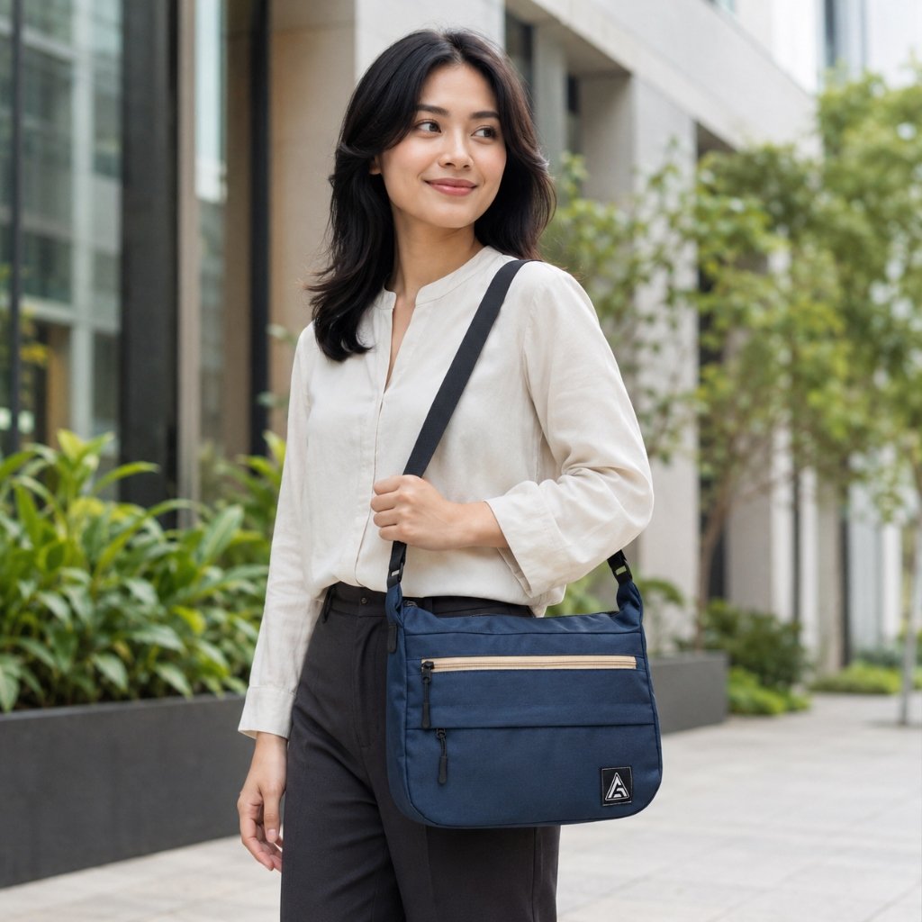 Wanita memakai AFLAH Sling Bag warna navy