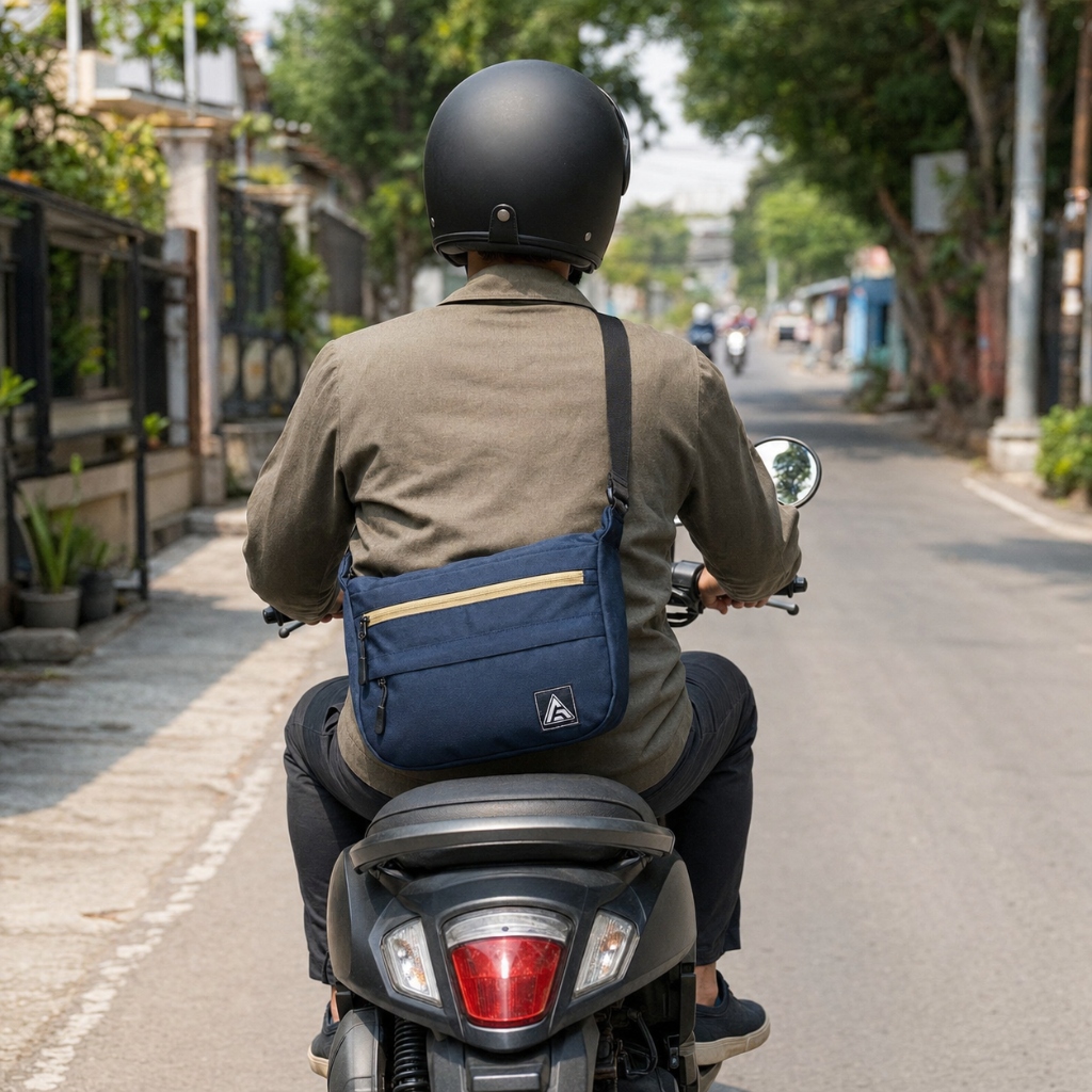 Pria menggunakan AFLAH Sling Bag saat mengendarai motor